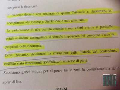 Uno stralcio della sentenza n. 2884 del 2006 con la quale la sentenza del TAR di Bari dichiarava abolito il vincolo archeologico indiretto sull'area privata in via Vittorio Veneto 